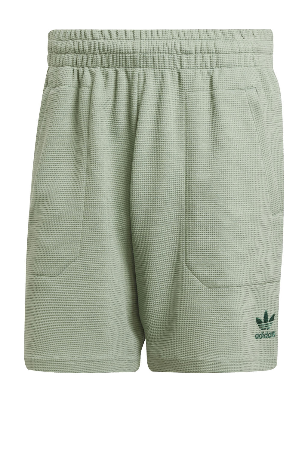 Groene heren adidas Originals Essentials Trefoil Waffle short van polyester met regular fit, elastische tailleband en logo dessin