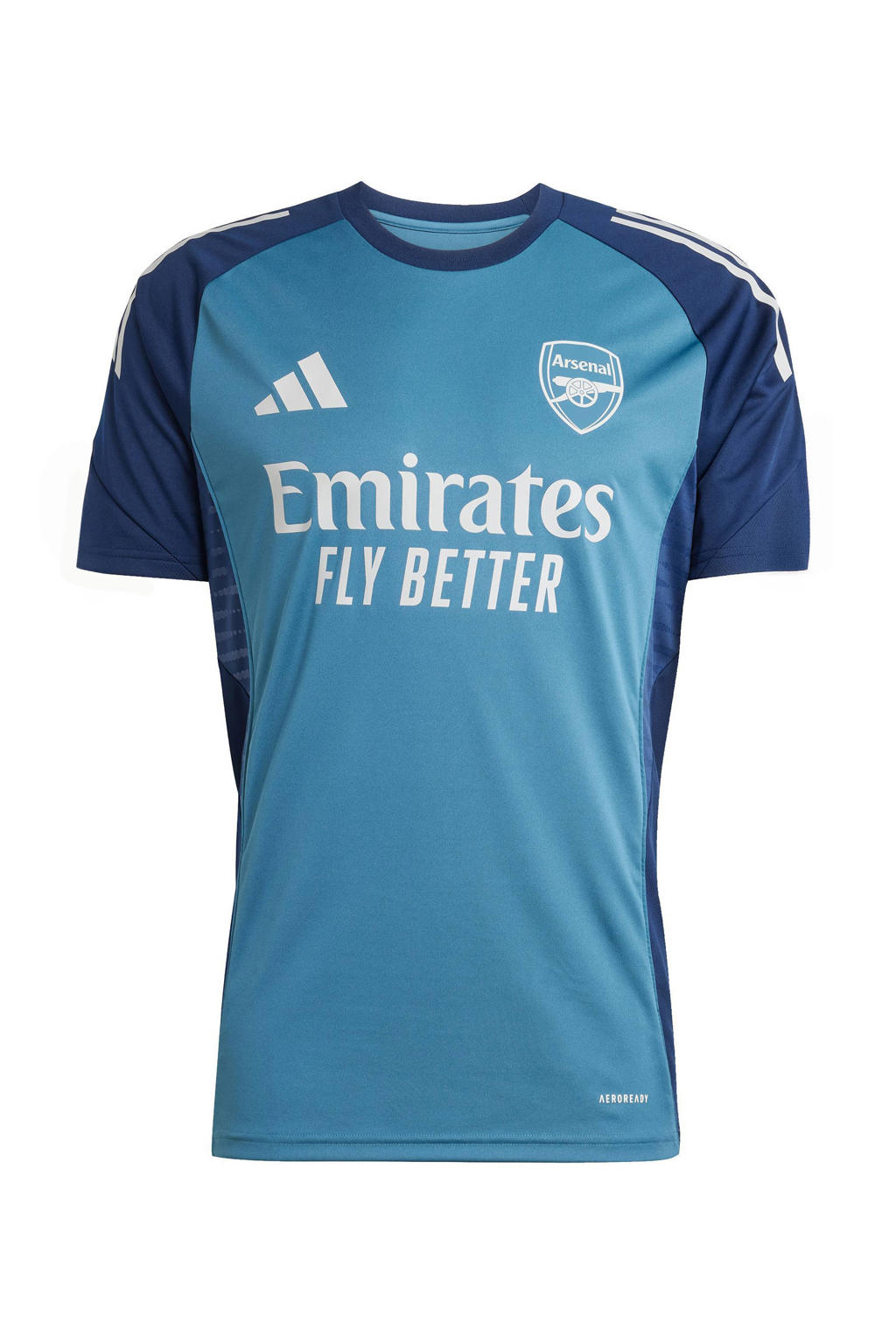 Blauw en donkerblauwe heren adidas Performance Senior Arsenal FC voetbalshirt training van polyester met korte mouwen en V-hals