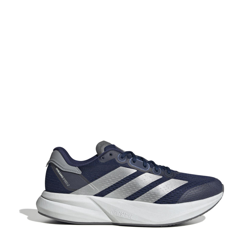Donkerblauw, zilver en metallickleurige heren adidas Performance Duramo Speed 2 hardloopschoenen van bovenwerk van textiel en synthetisch materiaal met veters