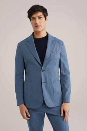 gemêleerd slim fit colbert met linnen blauw