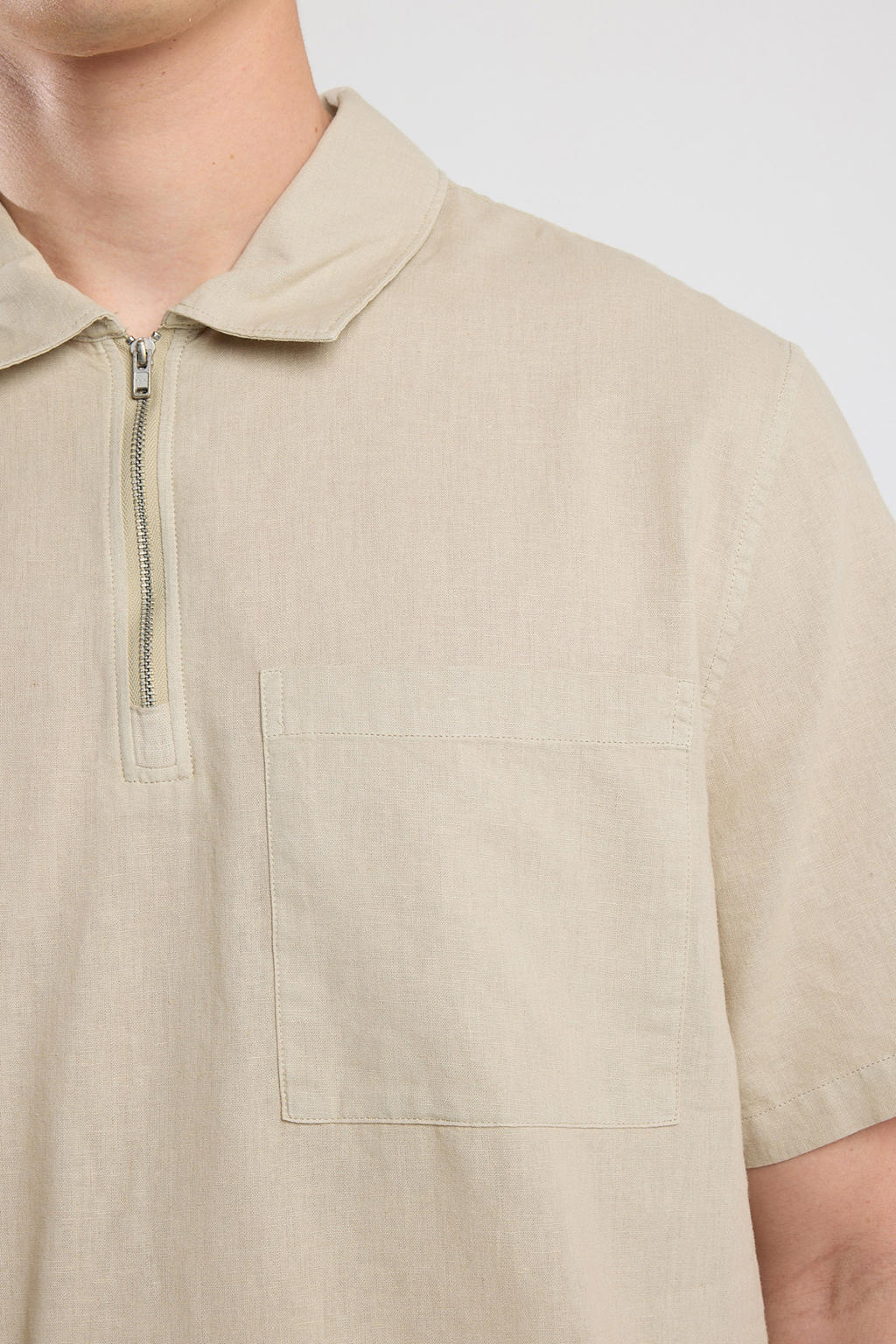 Beige heren America Today linnen casual overhemd met effen, korte mouwen, klassieke kraag en halve rits