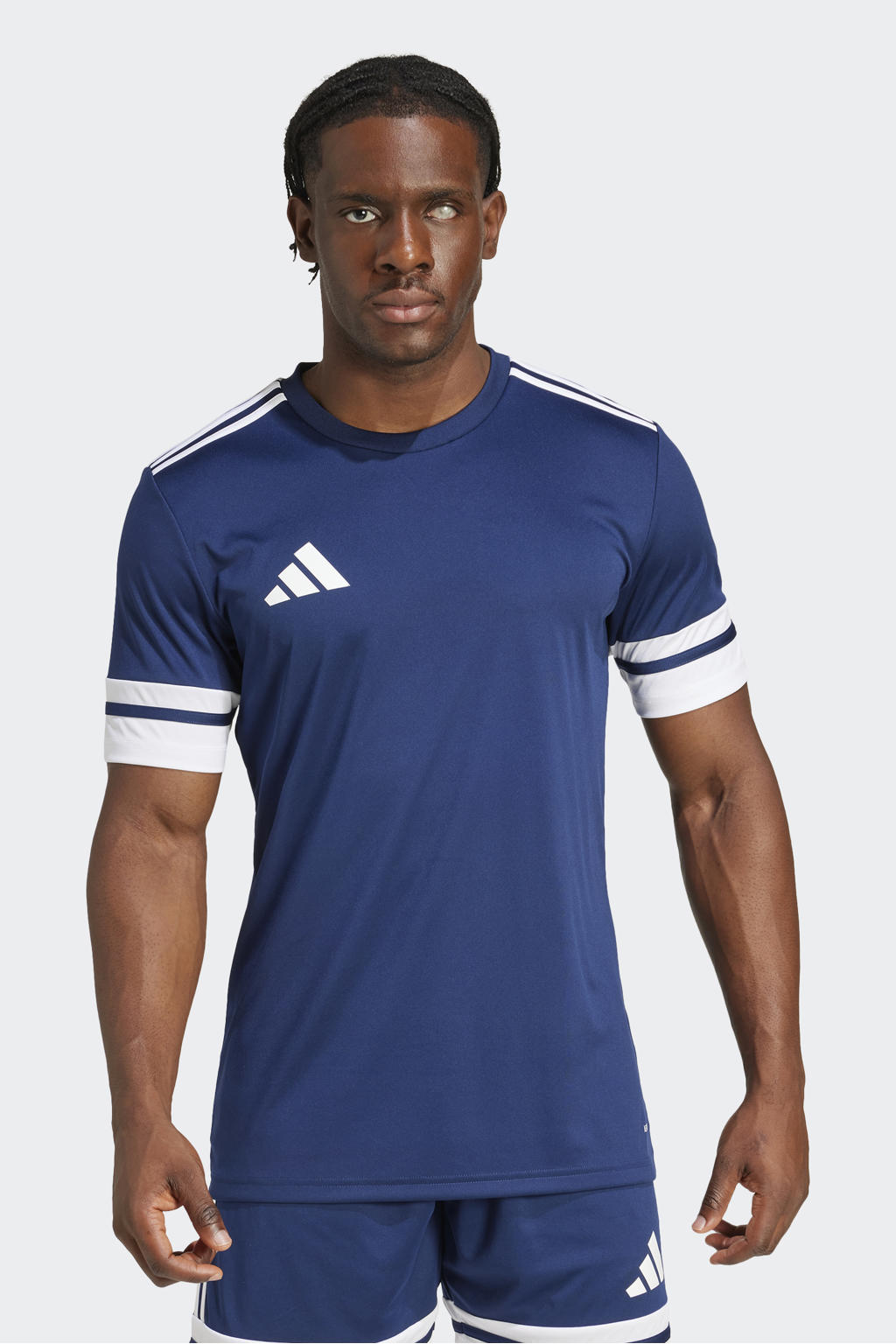 Donkerblauwe heren adidas Performance voetbalshirt van polyester met korte mouwen en ronde hals