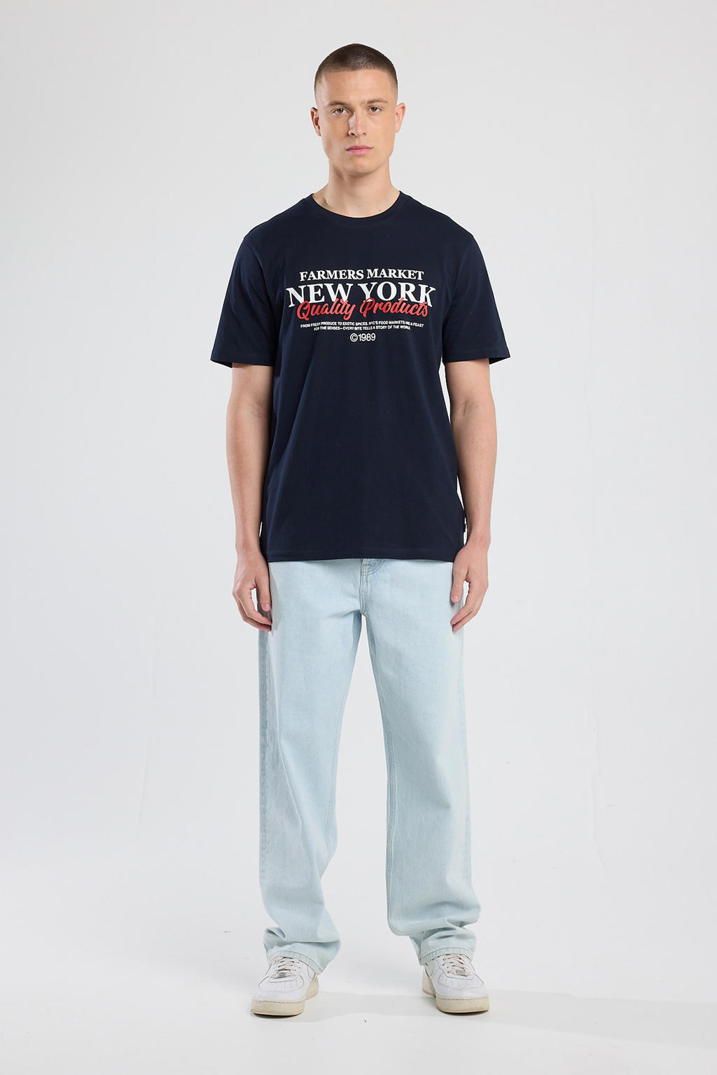 Donkerblauwe heren America Today regular T-shirt van katoen met printopdruk, korte mouwen en ronde hals