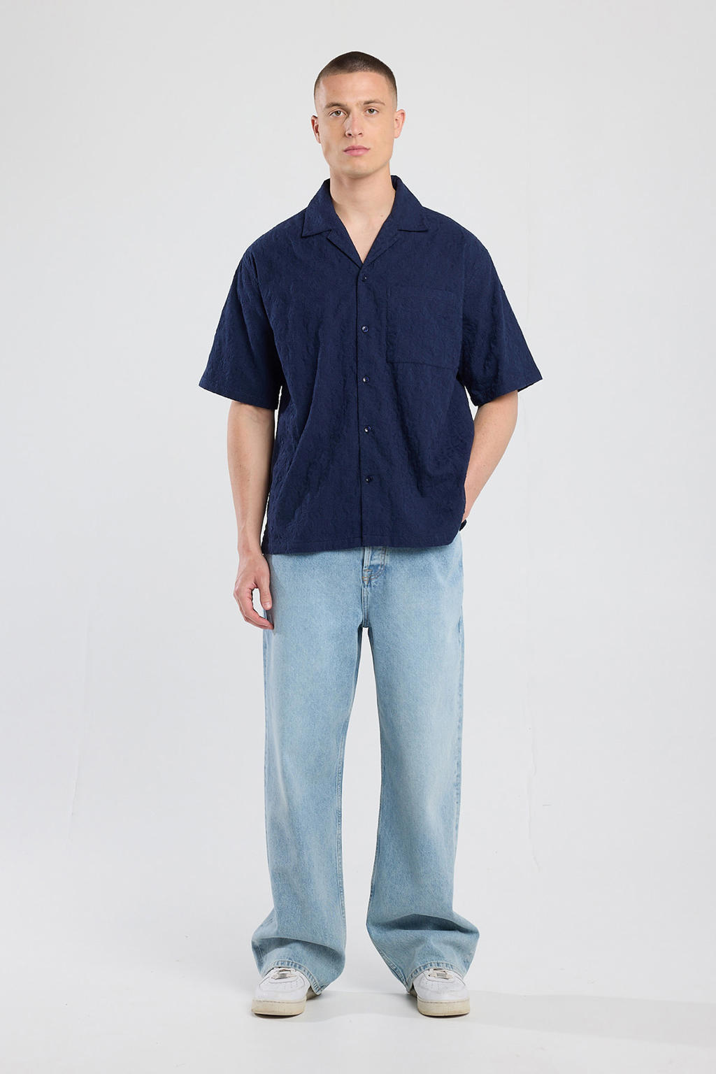 Blauwe heren America Today casual overhemd van katoen met effen, korte mouwen, reverskraag, knoopsluiting en jacquard