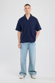 thumbnail: Blauwe heren America Today casual overhemd van katoen met effen, korte mouwen, reverskraag, knoopsluiting en jacquard