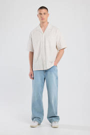 thumbnail: Beige heren America Today casual overhemd van katoen met effen, korte mouwen, reverskraag, knoopsluiting en jacquard
