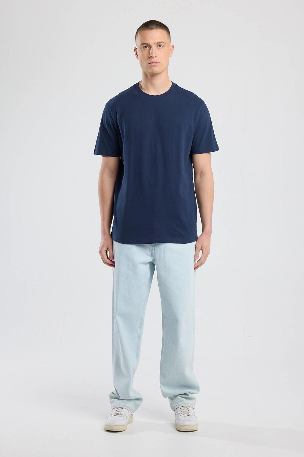 Donkerblauwe heren America Today regular T-shirt van katoen met effen, korte mouwen en ronde hals