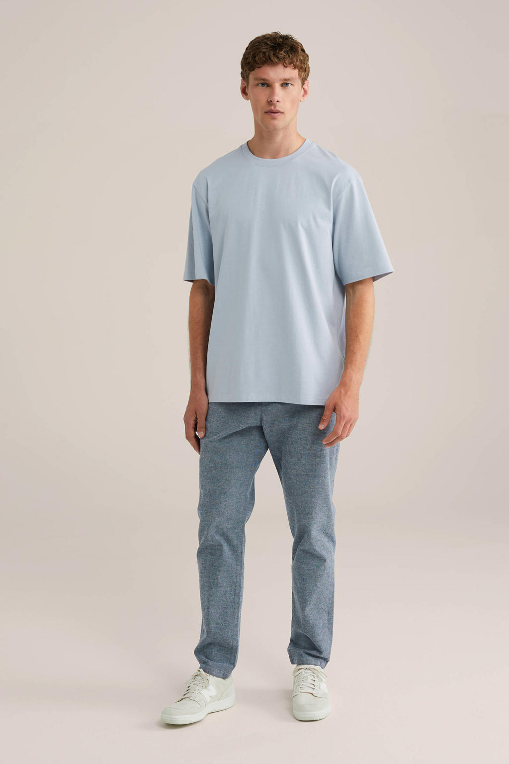 Lichtblauwe heren WE Fashion T-shirt van katoen met effen, korte mouwen en ronde hals