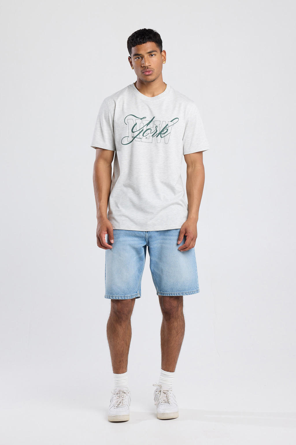 Lichtgrijze heren America Today regular T-shirt van katoen met printopdruk, korte mouwen en ronde hals