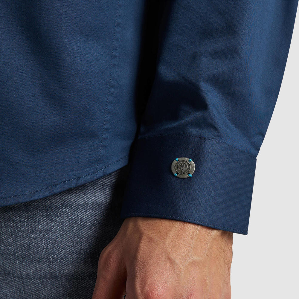 Donkerblauwe heren Cast Iron slim fit overhemd van katoen met lange mouwen en klassieke kraag