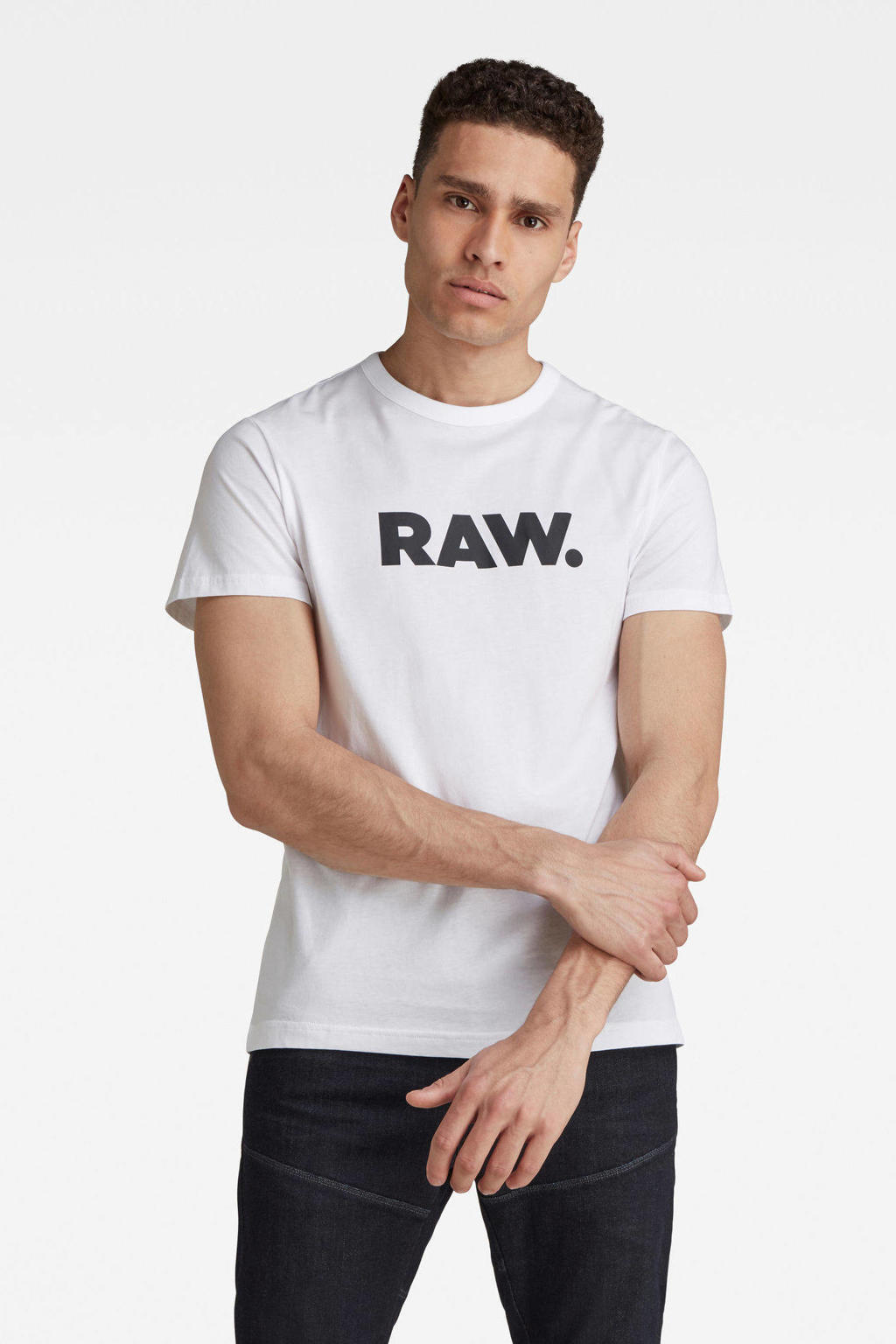 Wit en zwarte heren G-Star RAW Holorn T-shirt van biologisch katoen met tekst print, korte mouwen en ronde hals