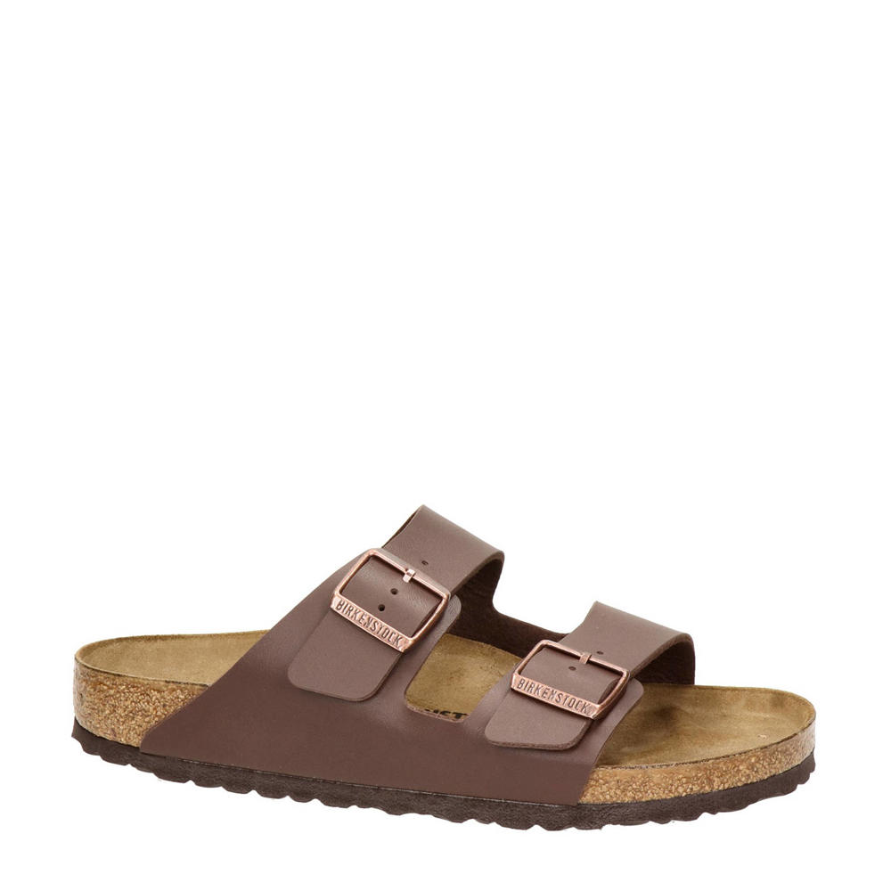 Bruine heren Birkenstock Arizona slippers van imitatieleer met profielzool, gesp en effen