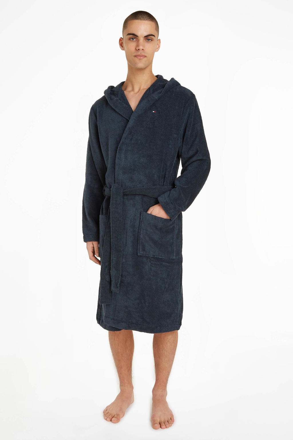 Tommy Hilfiger badstof badjas met capuchon donkerblauw